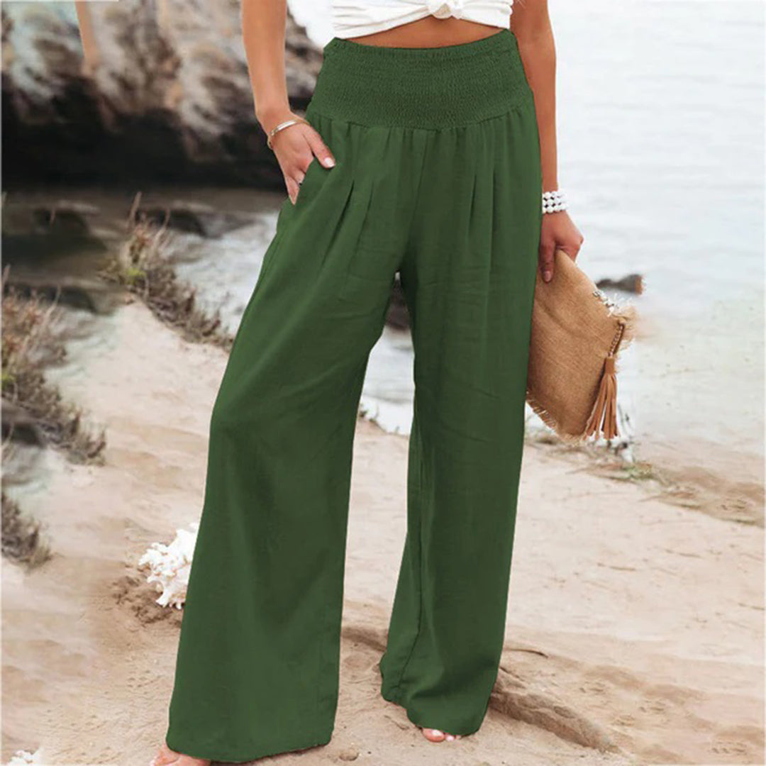 Wearclo | Women's Wide Leg Linen Summer Pants with Smocked Waist