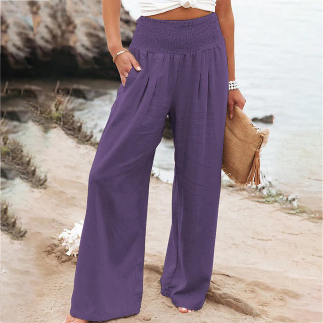 Wearclo | Women's Wide Leg Linen Summer Pants with Smocked Waist