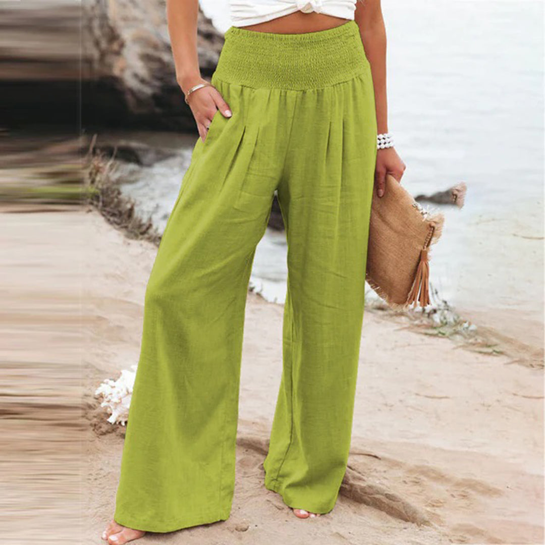 Wearclo | Women's Wide Leg Linen Summer Pants with Smocked Waist