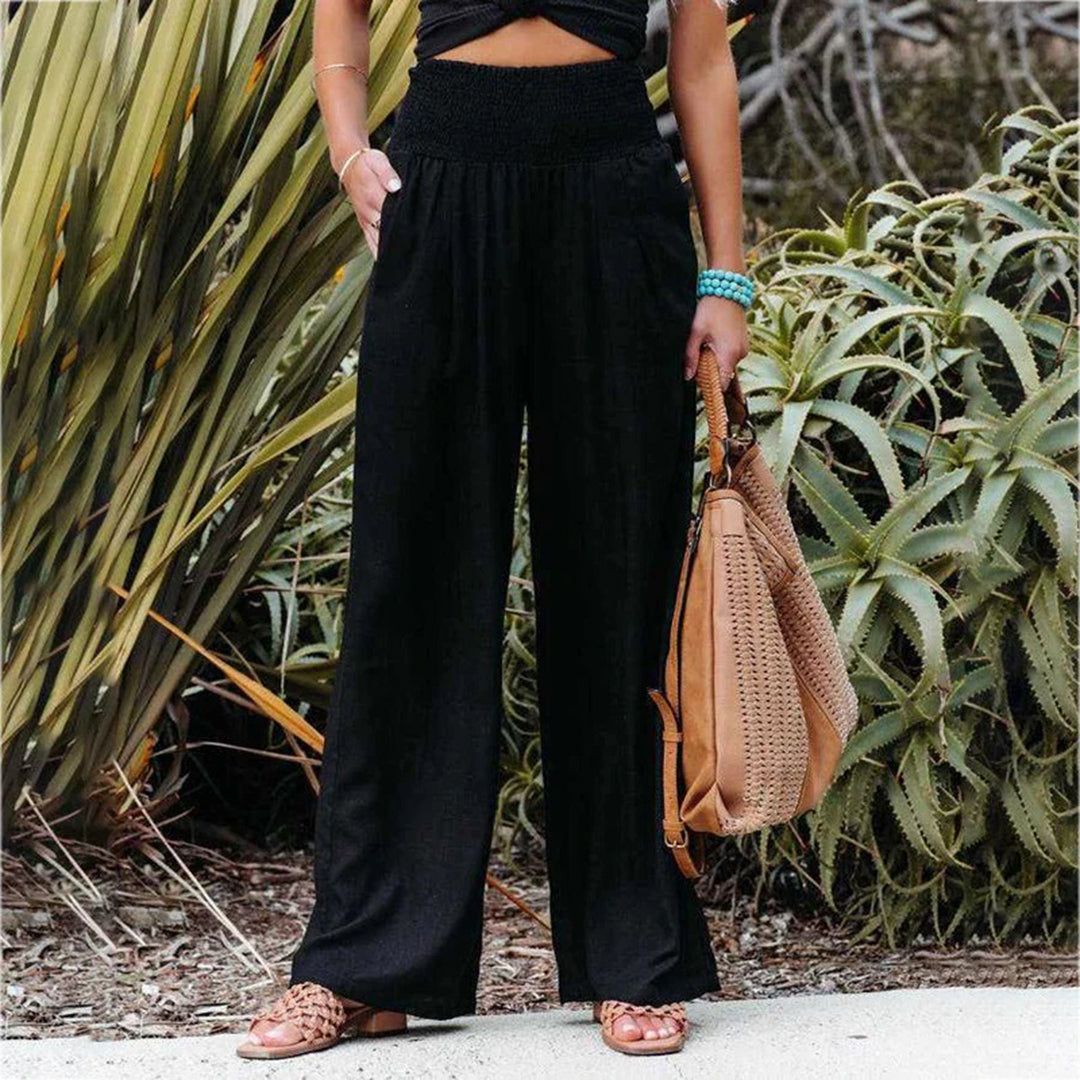 Wearclo | Women's Wide Leg Linen Summer Pants with Smocked Waist