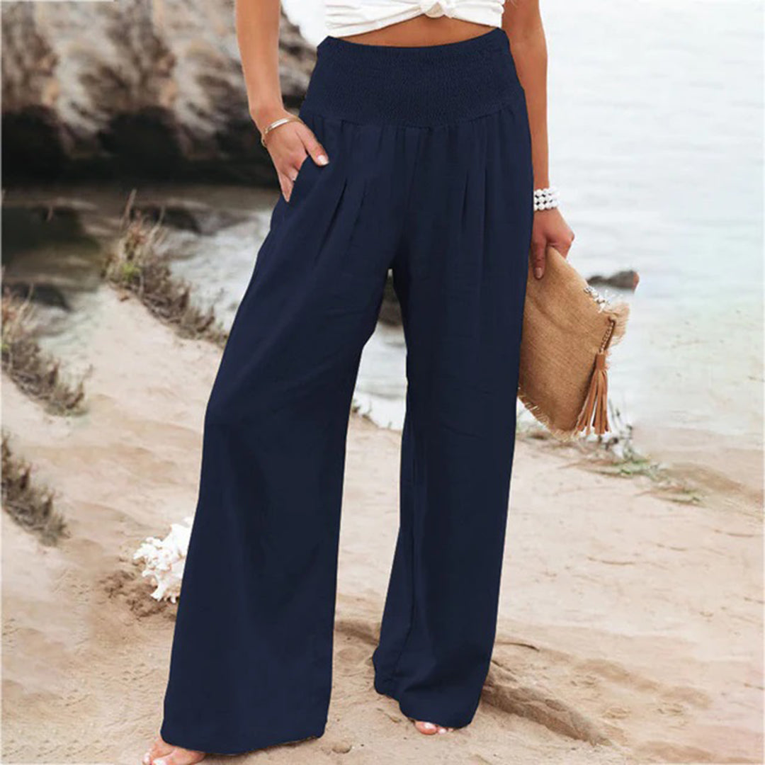 Wearclo | Women's Wide Leg Linen Summer Pants with Smocked Waist
