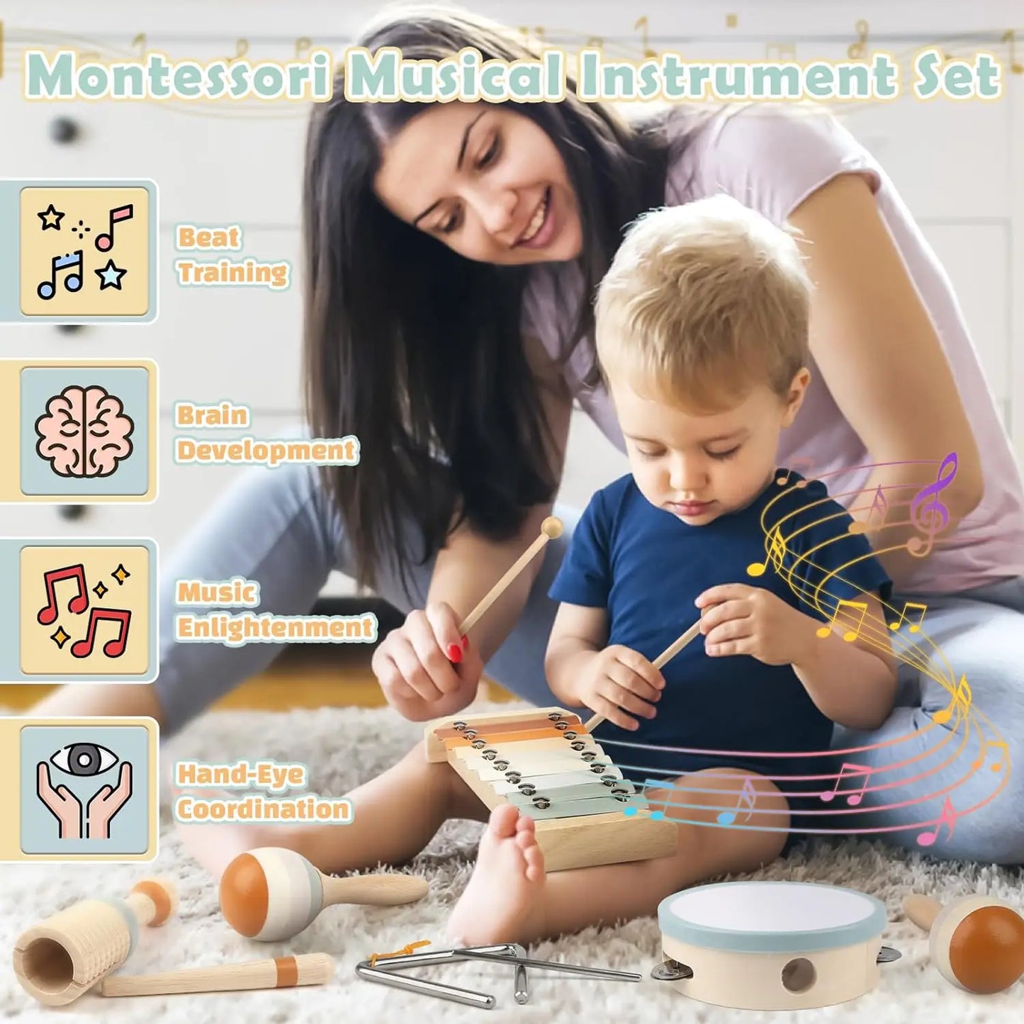 Wearclo | Wood Montessori Musical Instrument Set for Toddlers - Professionally Tuned Xylophone, Maracas and more - Educational Gift for Preschoolers