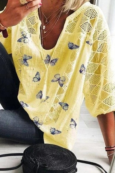 Image of Winnie | Women's V-Neck Lace Sleeve Butterfly Print Blouse