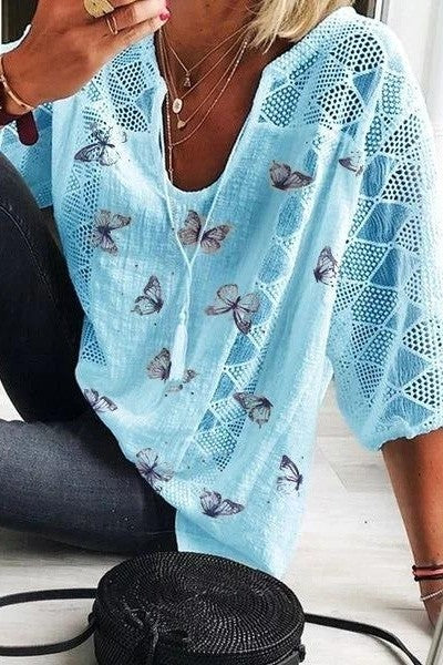 Image of Winnie | Women's V-Neck Lace Sleeve Butterfly Print Blouse