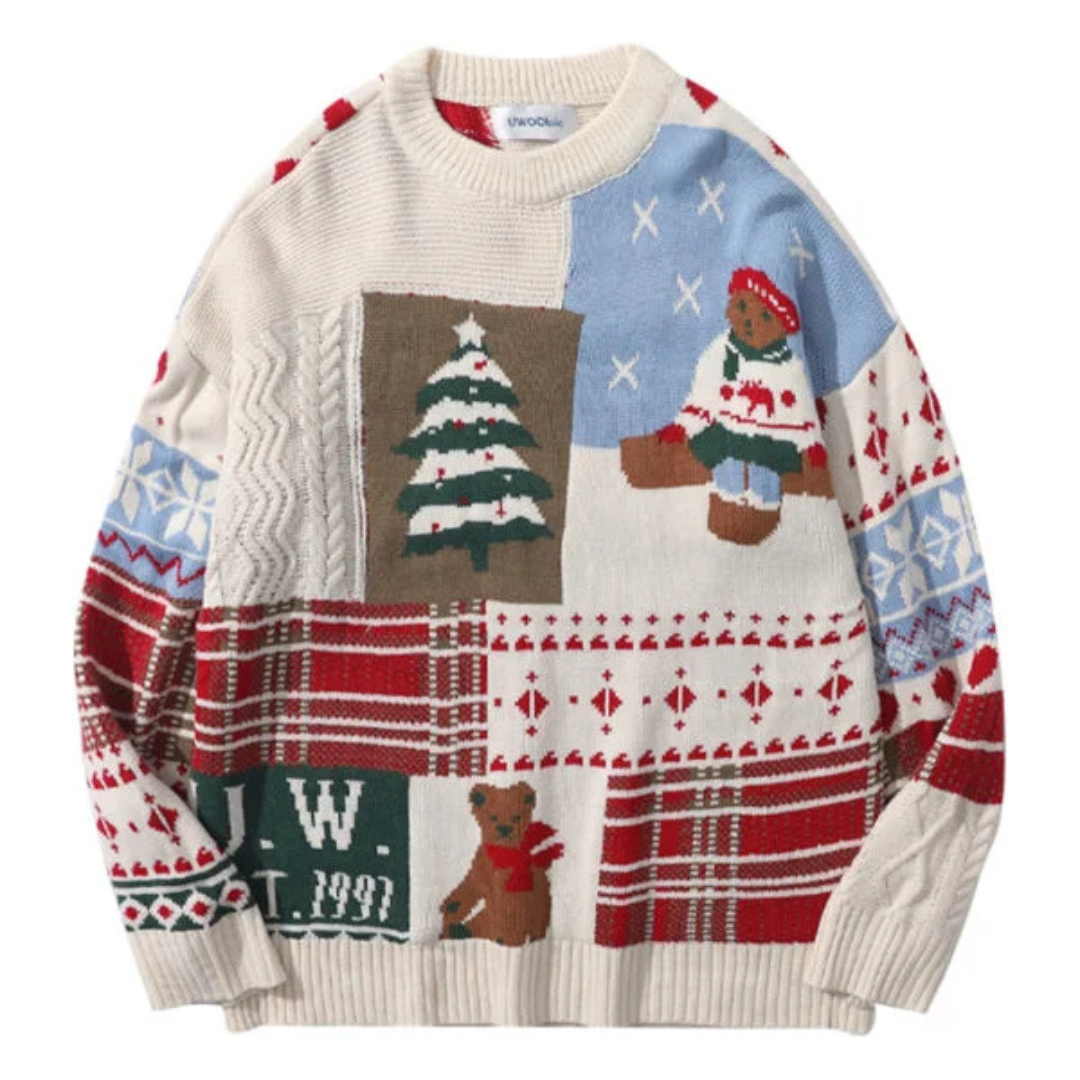 Women's Bear Pattern Knitted Christmas Sweater, Cozy Knit Pullover