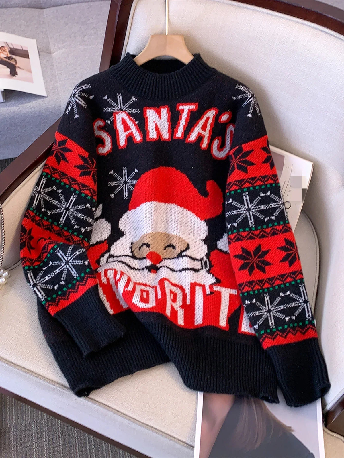 Women's Black Christmas Santa Crew Neck Long Sleeve Knit Sweater