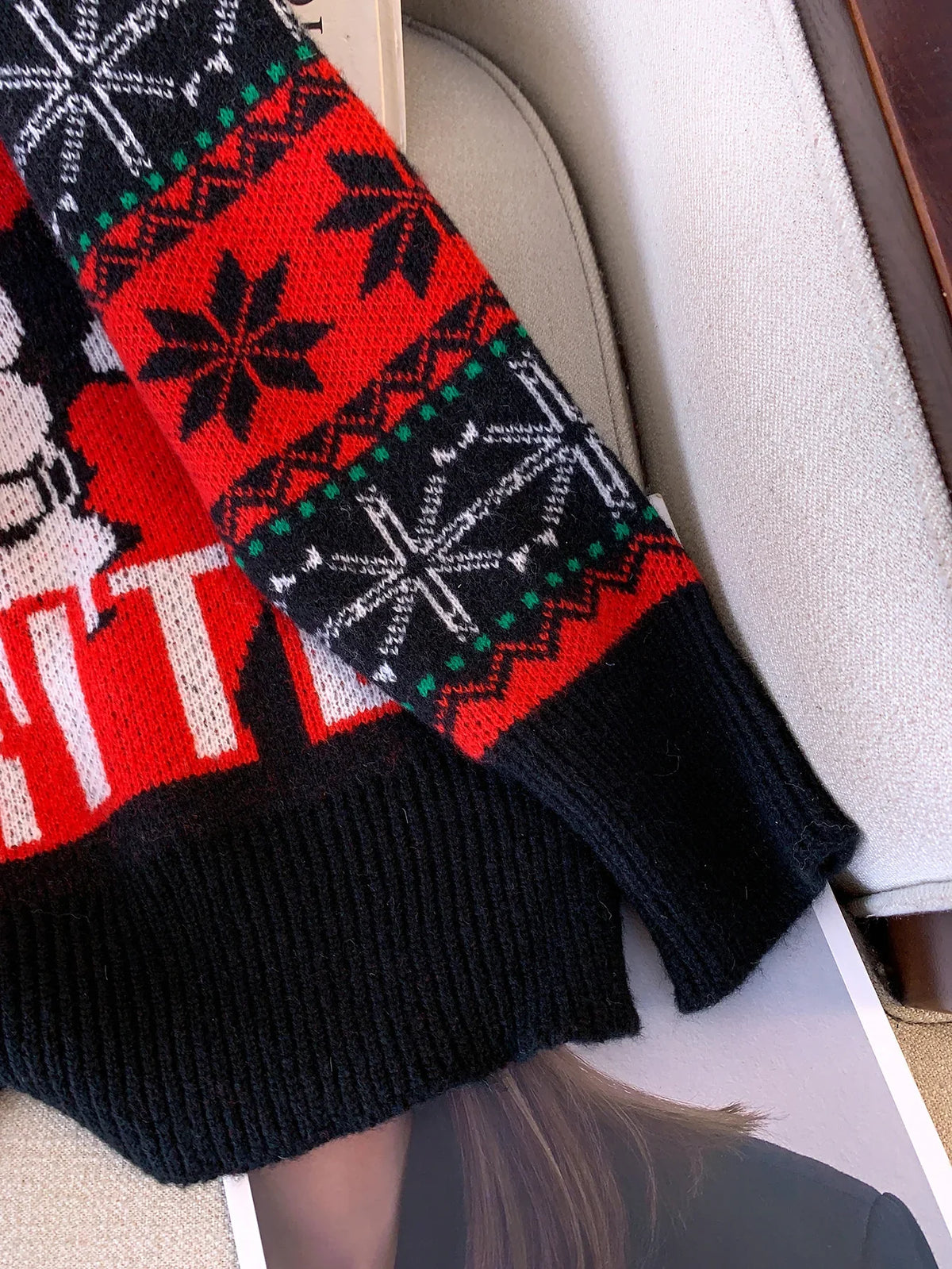 Women's Black Christmas Santa Crew Neck Long Sleeve Knit Sweater