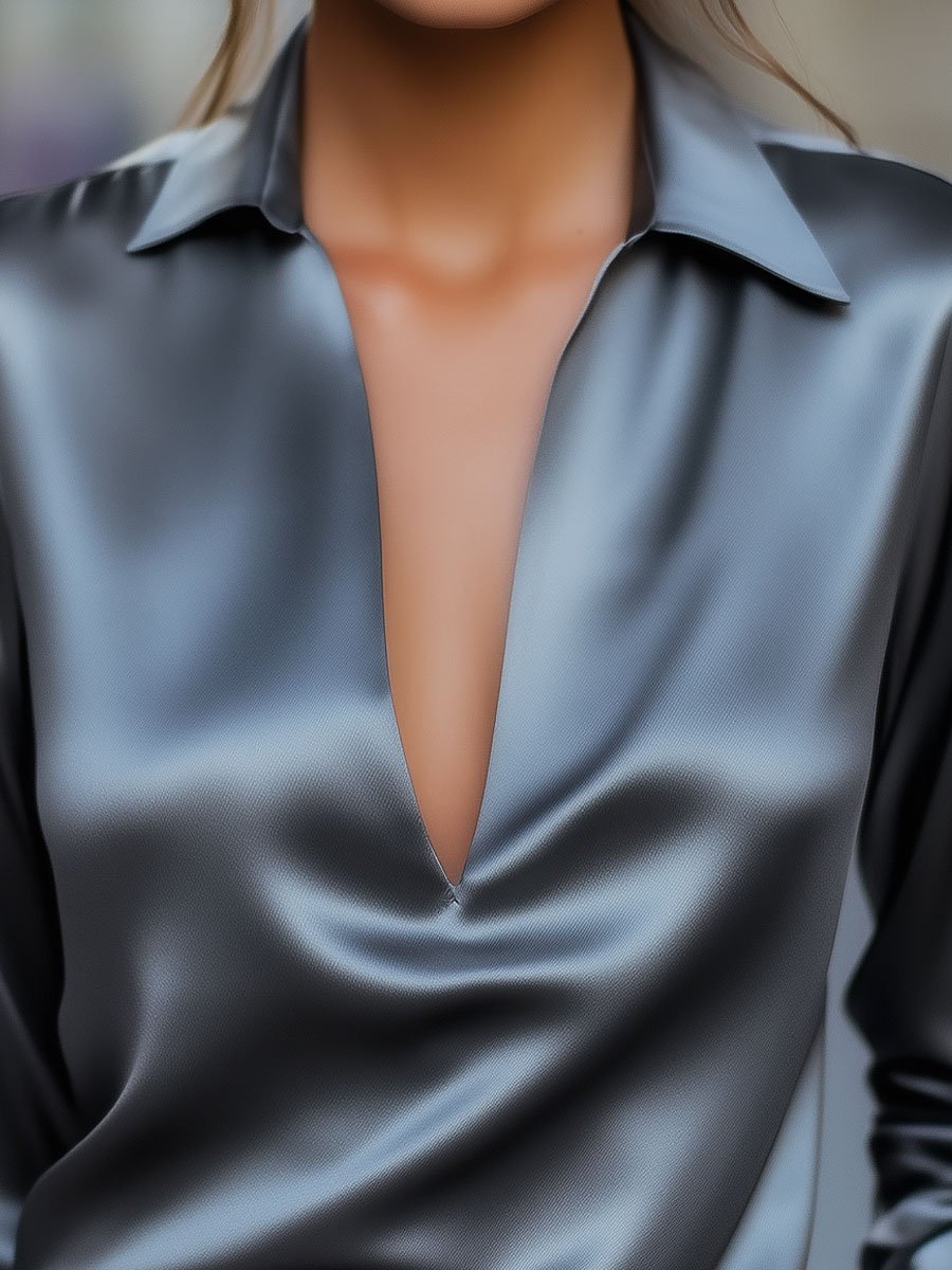 Women's Blouse with Deep V-Neck and Long Sleeves