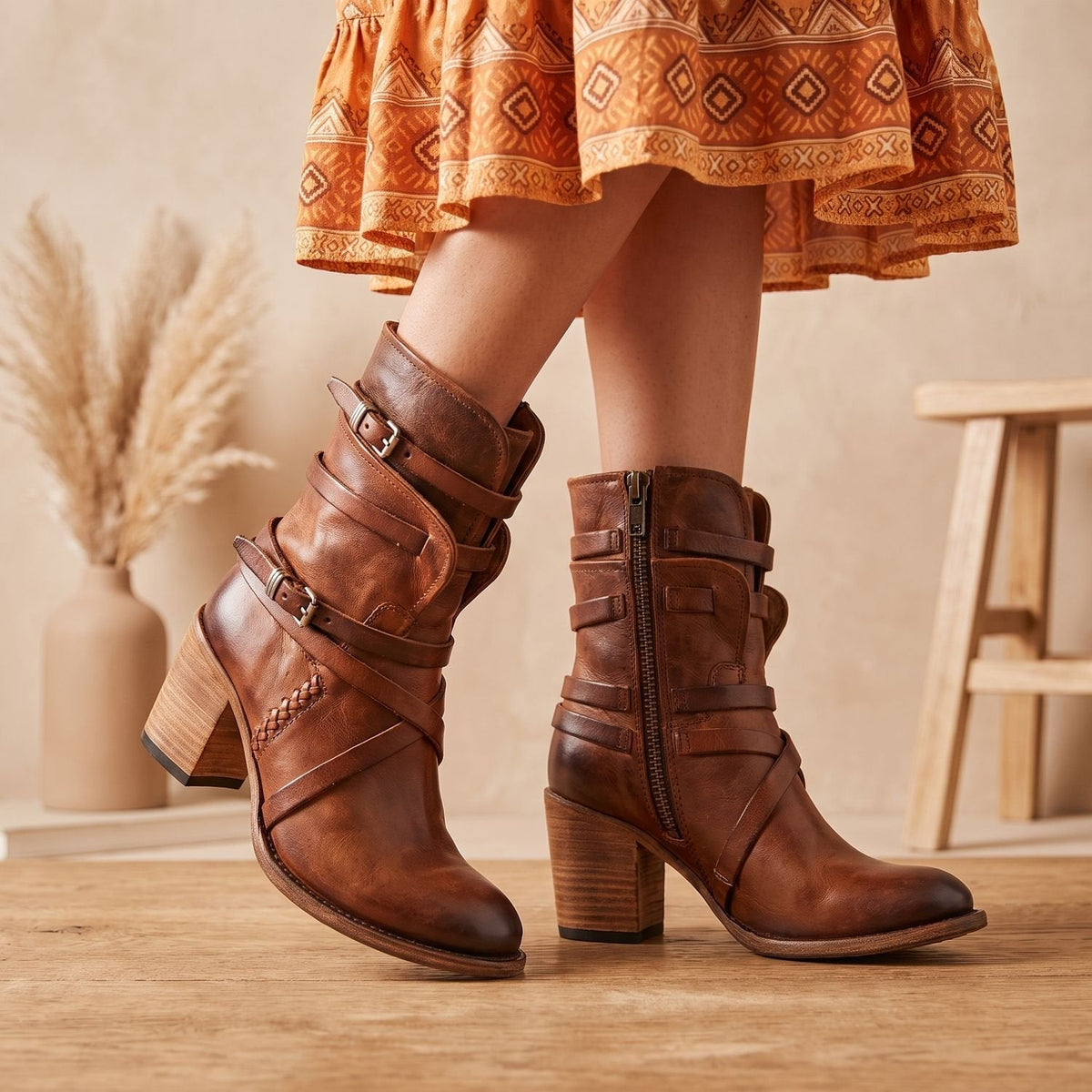 Women's Buckle-Strap Block-Heel Ankle Boots
