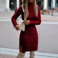 Women's Cable-Knit Long-Sleeve Turtleneck Dress with Side Slit