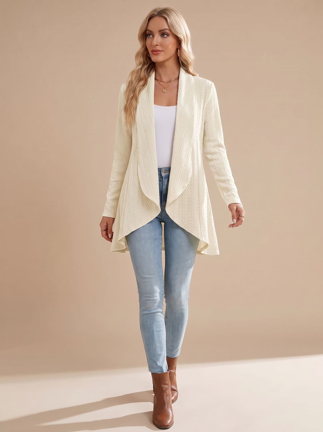 Women's Cable-Textured Open-Front Long-Sleeve Cardigan