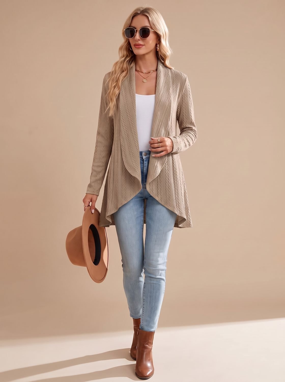 Women's Cable-Textured Open-Front Long-Sleeve Cardigan