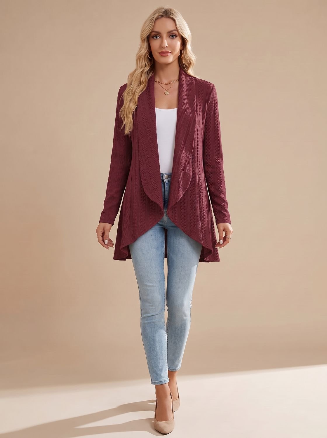 Women's Cable-Textured Open-Front Long-Sleeve Cardigan