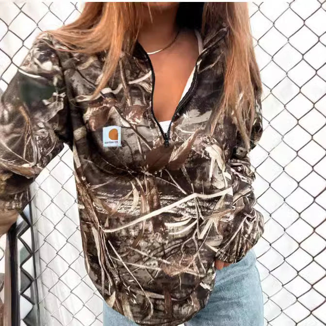 Women's Camouflage Half-Zip Fleece Hoodie with Kangaroo Pocket