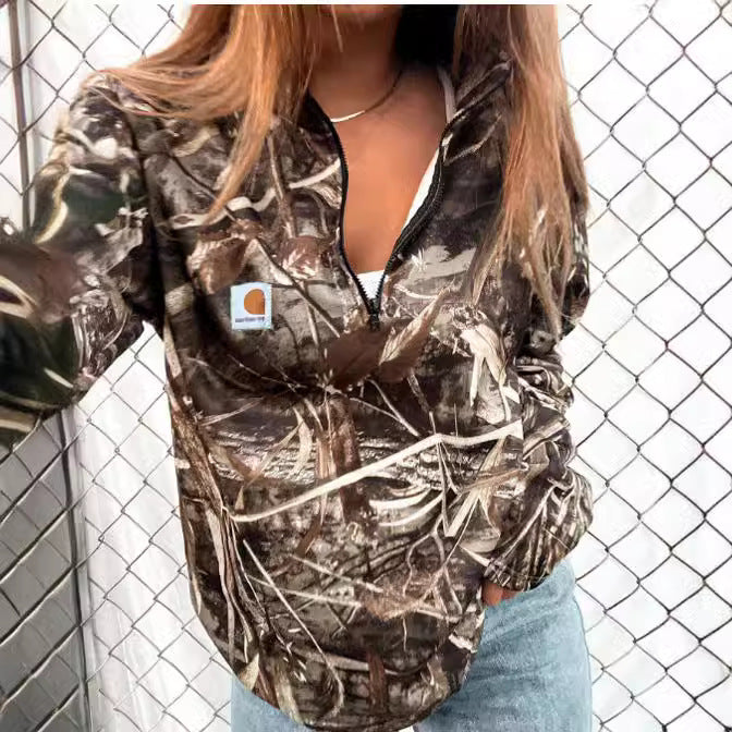 Women's Camouflage Half-Zip Fleece Hoodie with Kangaroo Pocket