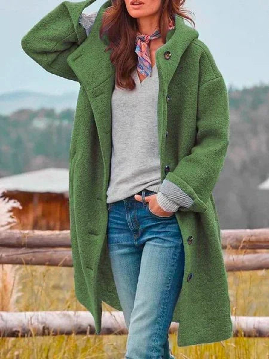 Women's Casual Hooded Fleece Button-Front Long Coat
