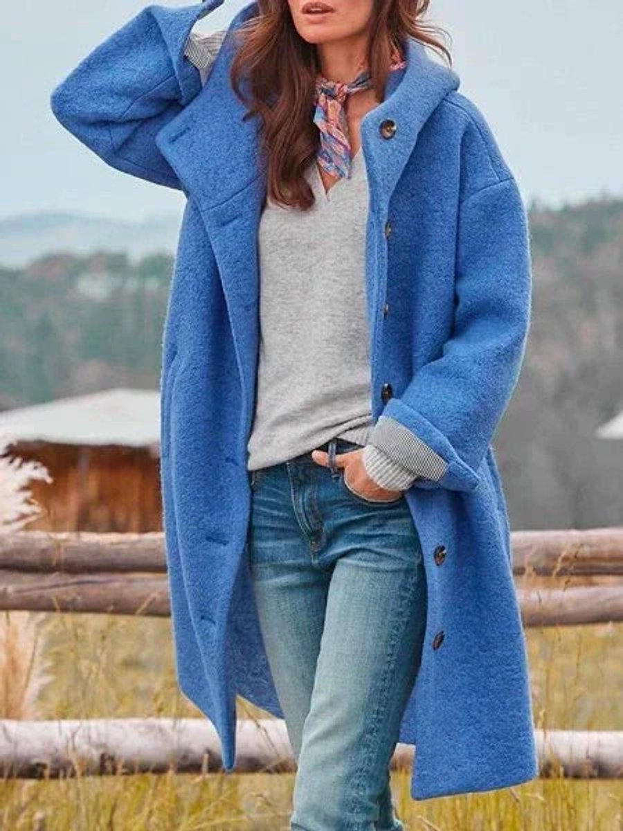 Women's Casual Hooded Fleece Button-Front Long Coat