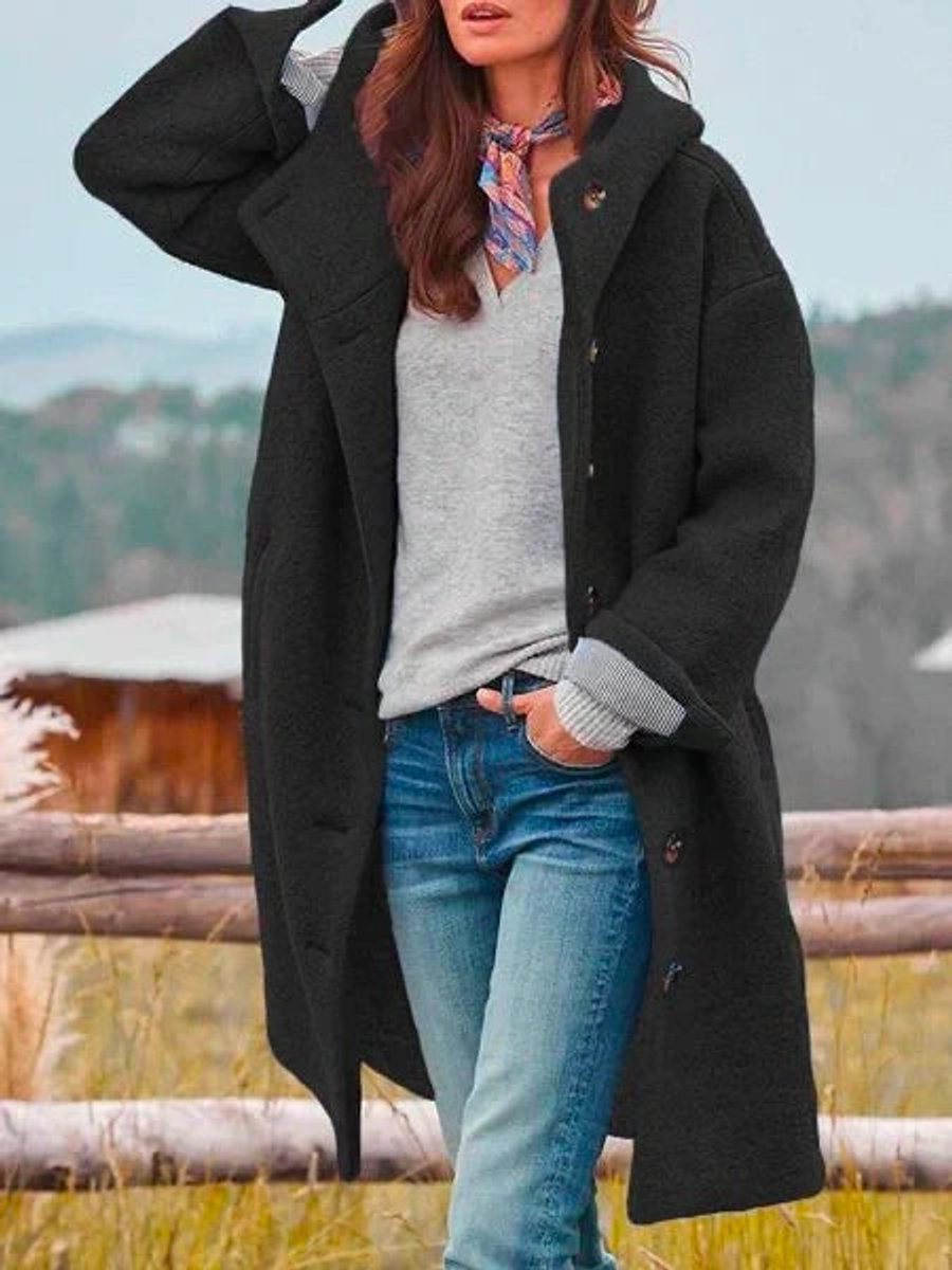 Women's Casual Hooded Fleece Button-Front Long Coat