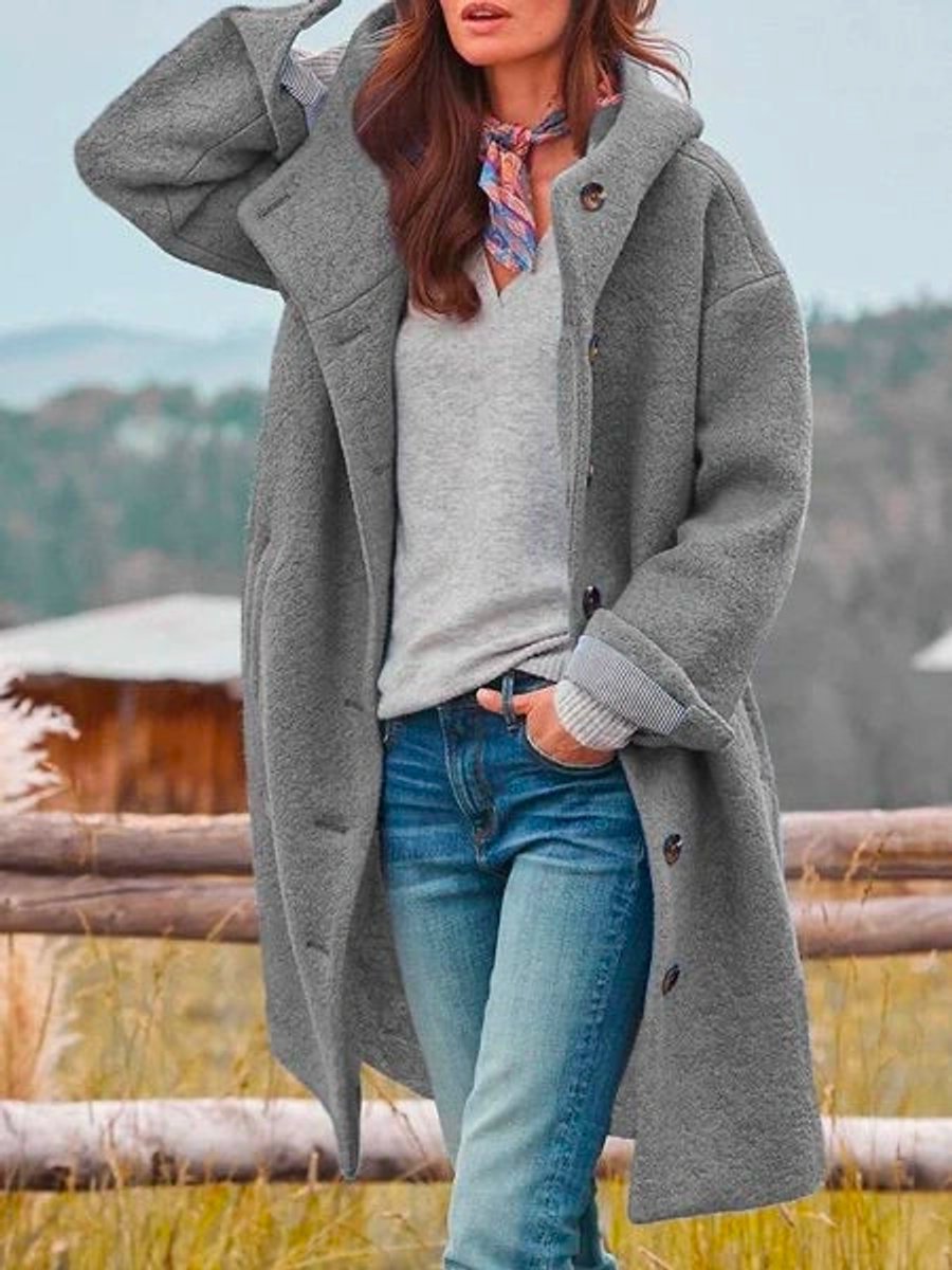Women's Casual Hooded Fleece Button-Front Long Coat