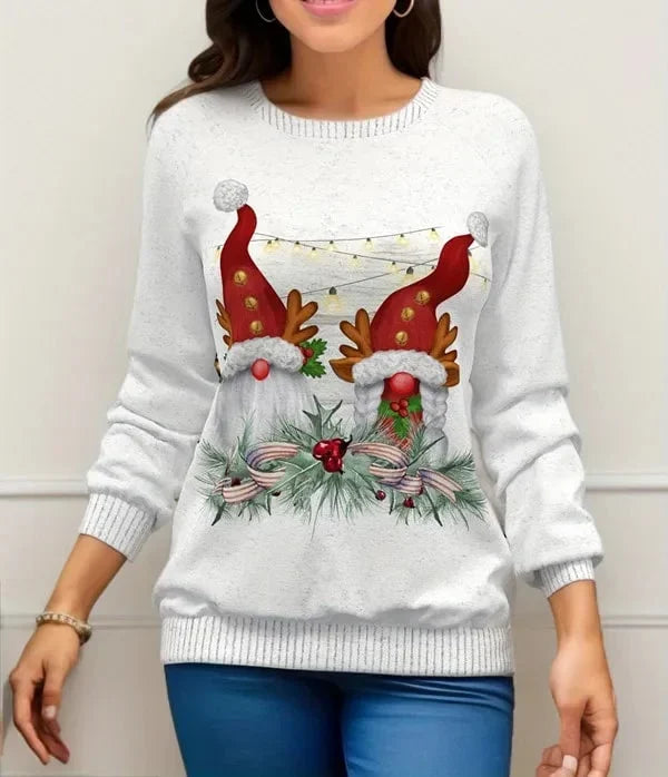 Women's Christmas Sweater with Snowman and Reindeer Print – Nylon-Acrylic Knit