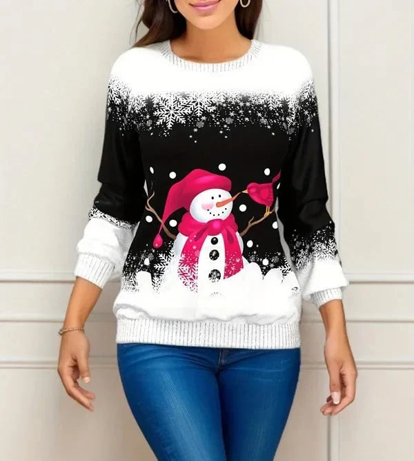 Women's Christmas Sweater with Snowman and Reindeer Print – Nylon-Acrylic Knit
