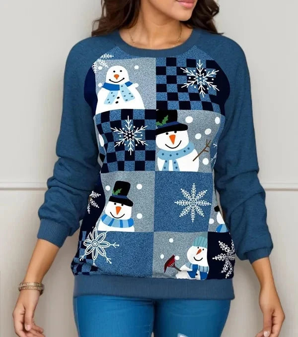 Women's Christmas Sweater with Snowman and Reindeer Print – Nylon-Acrylic Knit
