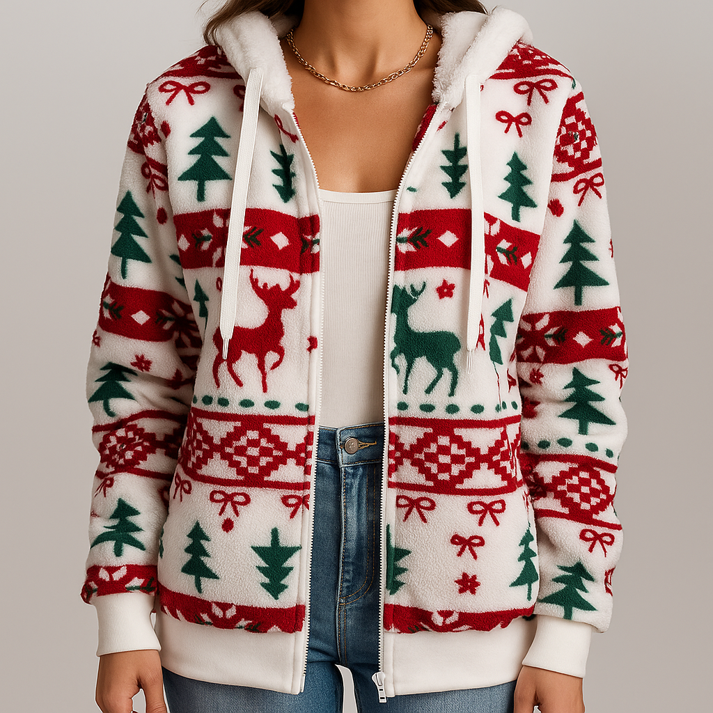 Women's Christmas Zip-Up Hoodie Jacket with Festive Winter Print