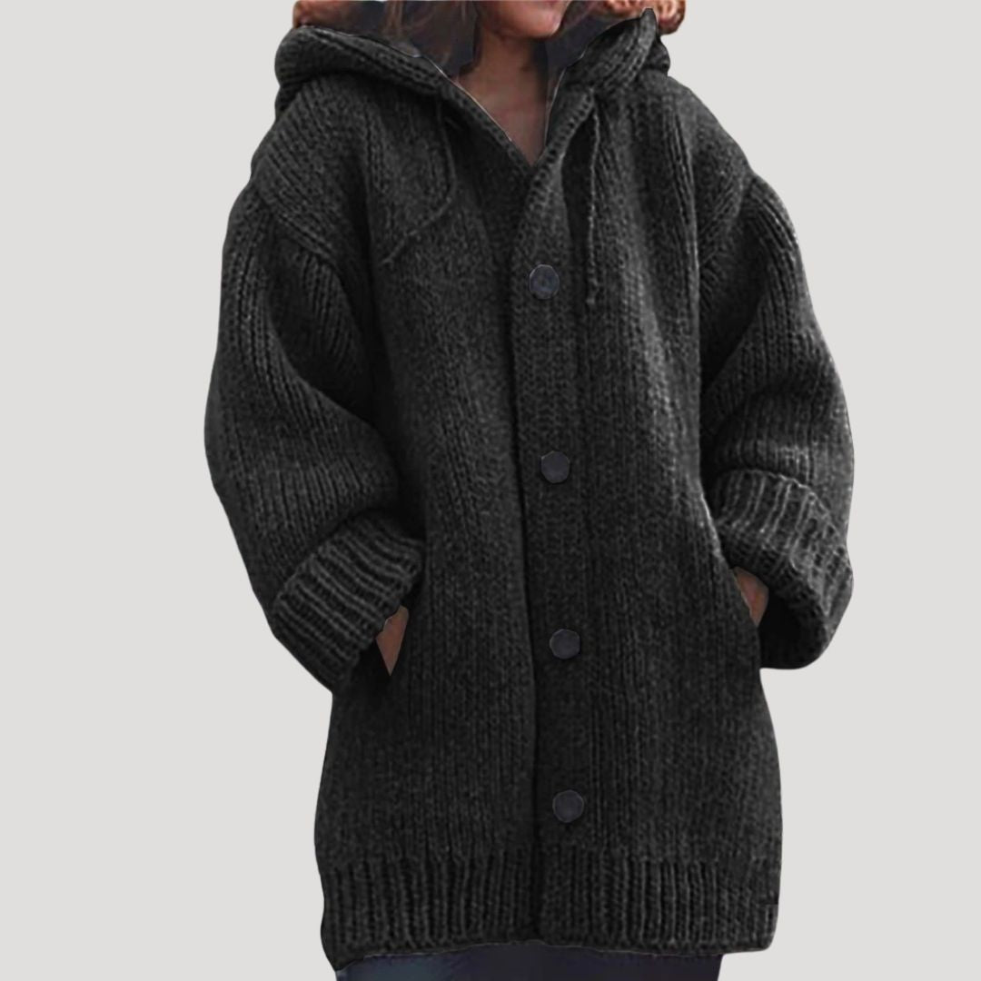 Women's Chunky Knit Wool-Blend Winter Coat with Button Closure and Deep Pockets