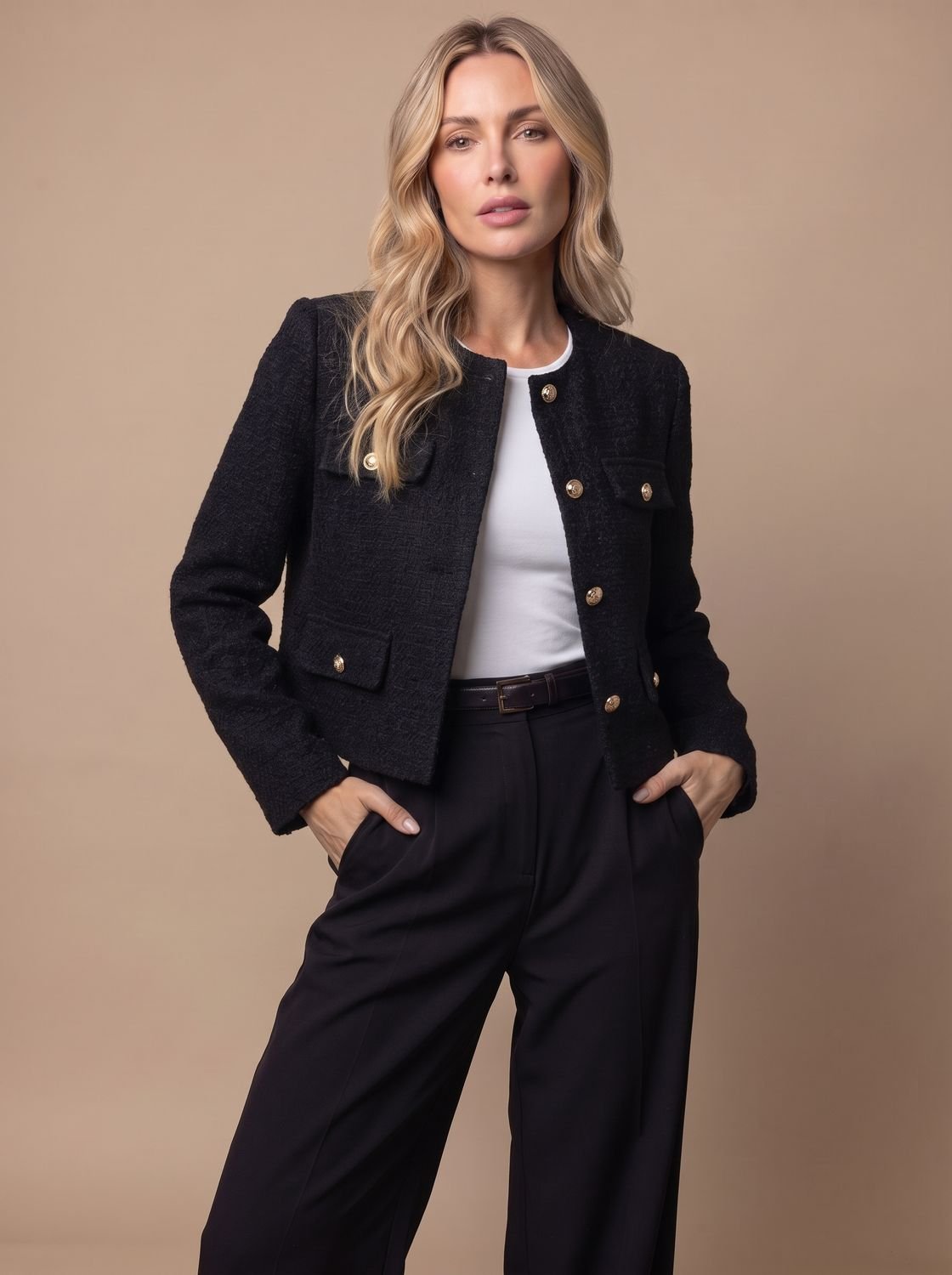 Women's Collarless Cropped Tweed Blazer with Gold Buttons and Flap Pockets