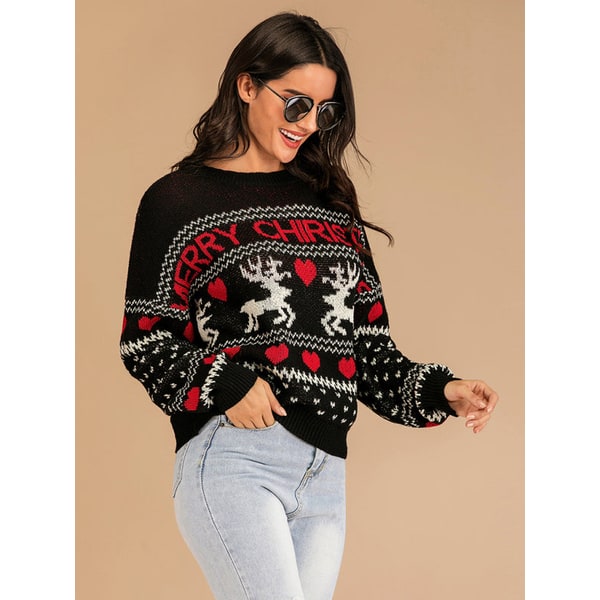 Women's Crewneck Knit Christmas Sweater with Reindeer and Fair Isle Design