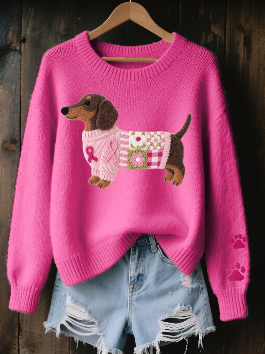 Women's Dachshund Patchwork Knit Relaxed Pullover Sweater