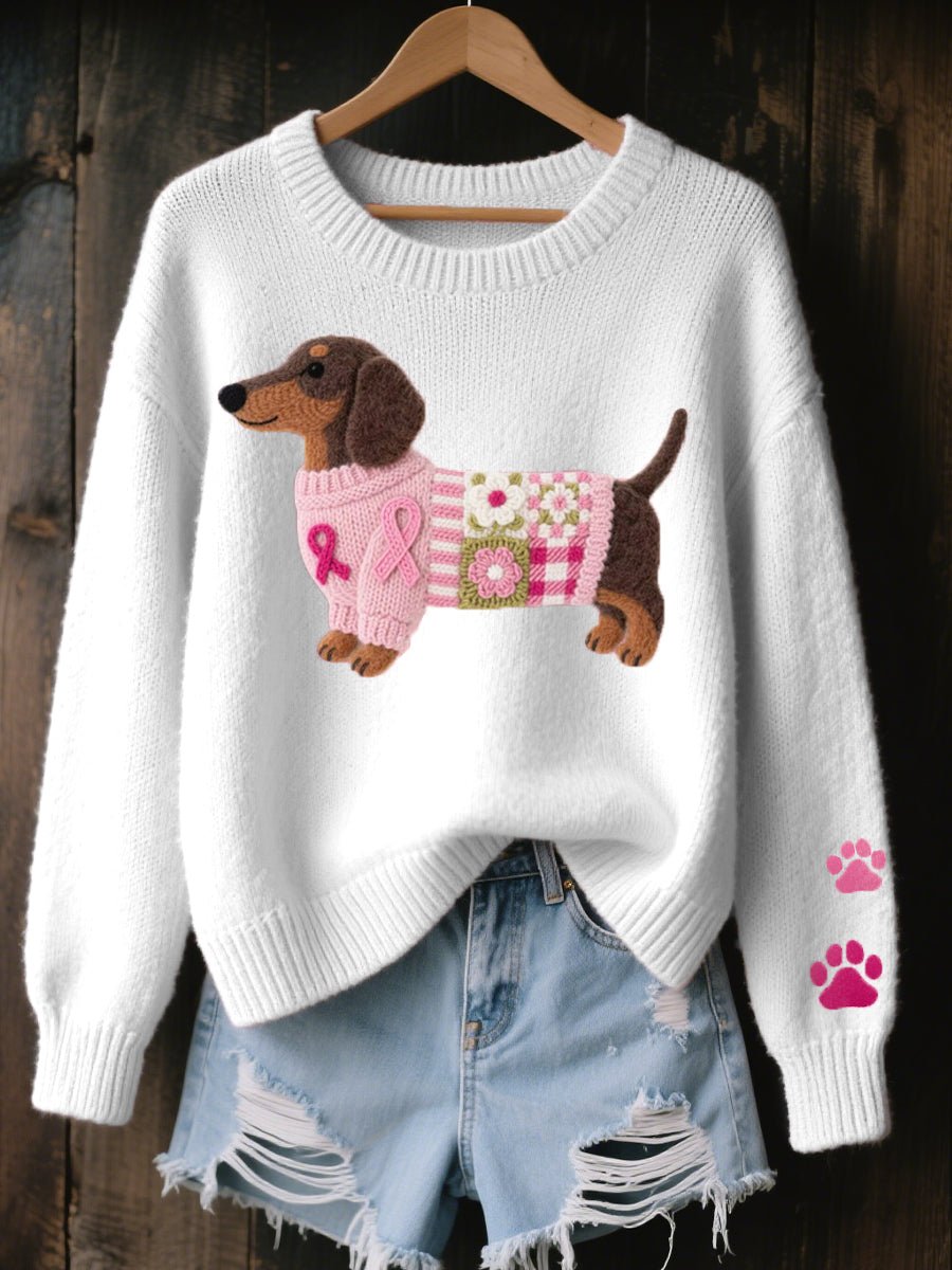 Women's Dachshund Patchwork Knit Relaxed Pullover Sweater