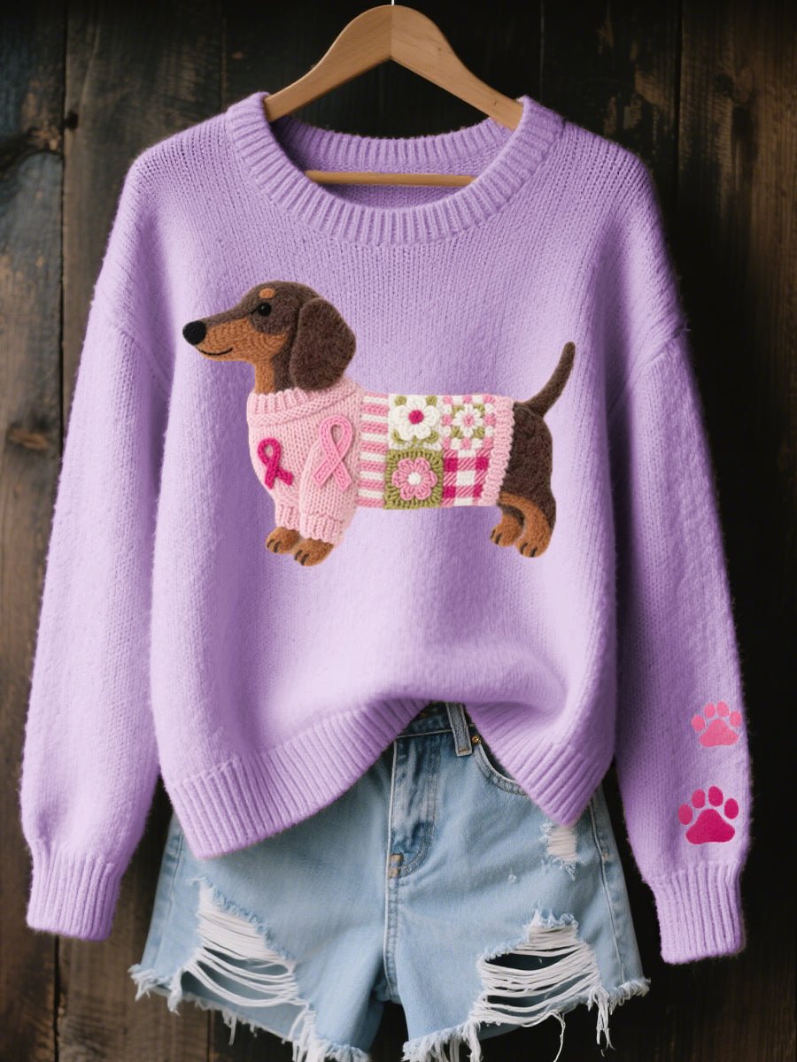 Women's Dachshund Patchwork Knit Relaxed Pullover Sweater