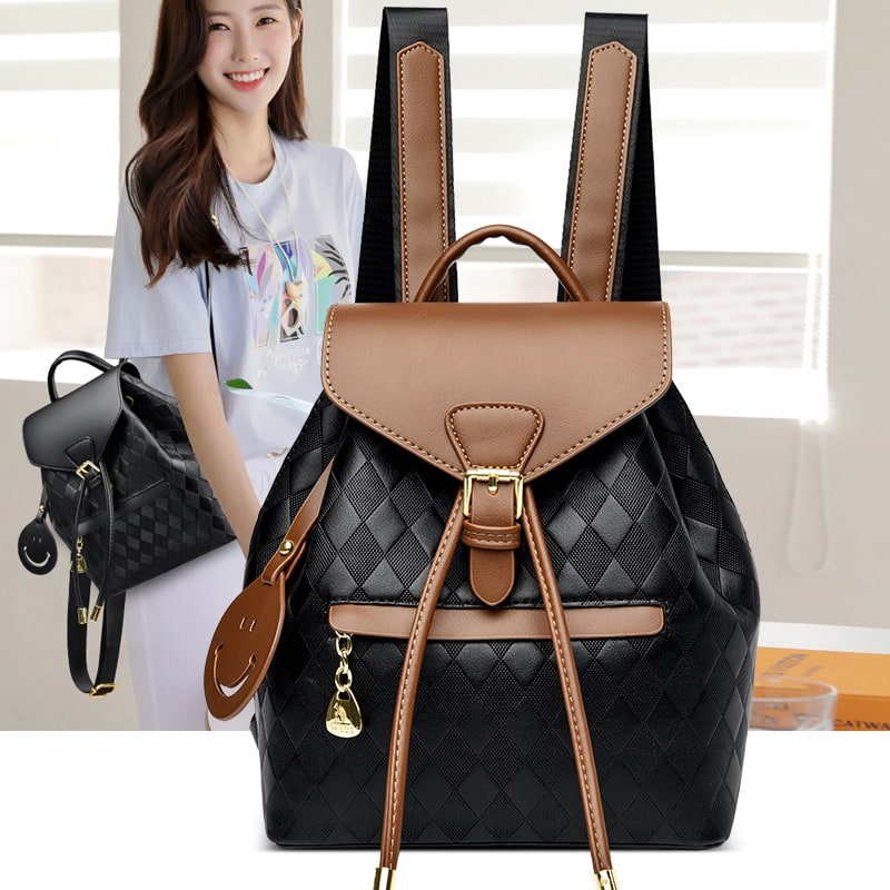 Women's Diamond Quilted Faux Leather Mini Backpack with Drawstring Closure