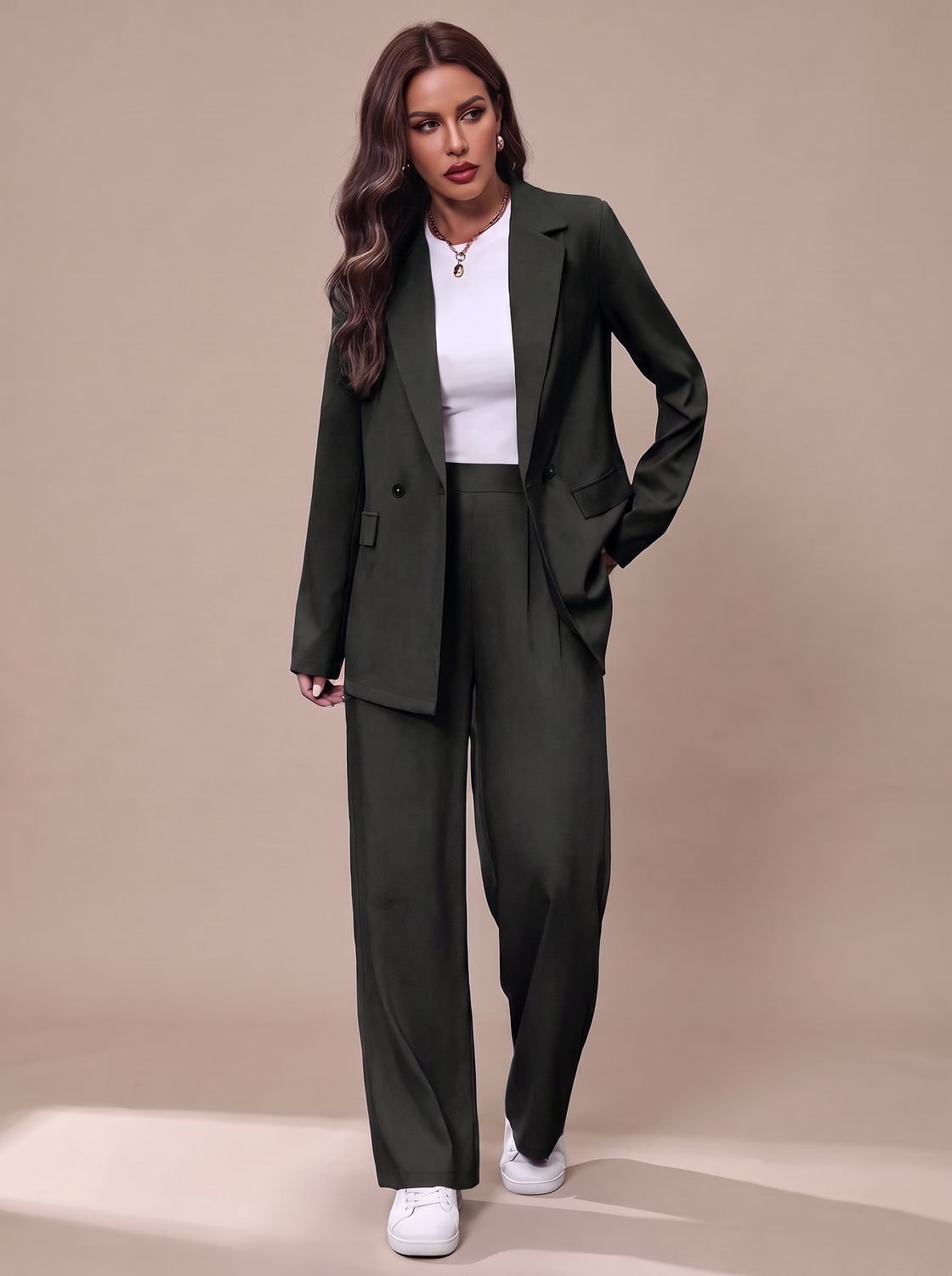 Women's Double-Breasted Tailored Wide-Leg Blazer and Pants Suit Set