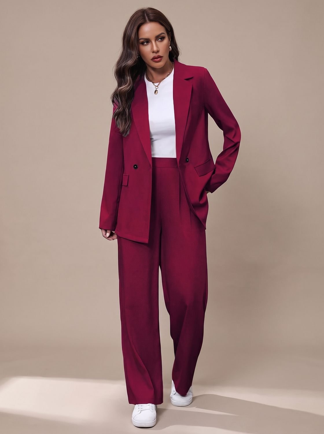 Women's Double-Breasted Tailored Wide-Leg Blazer and Pants Suit Set