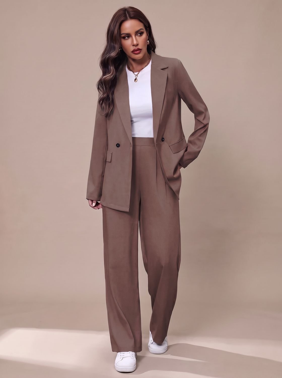 Women's Double-Breasted Tailored Wide-Leg Blazer and Pants Suit Set