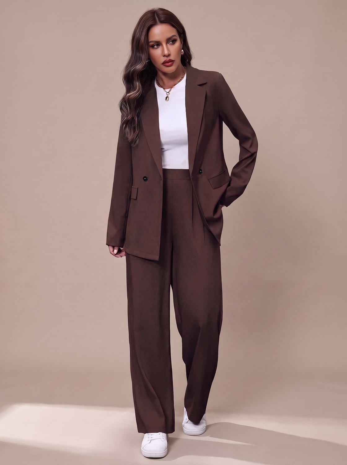 Women's Double-Breasted Tailored Wide-Leg Blazer and Pants Suit Set