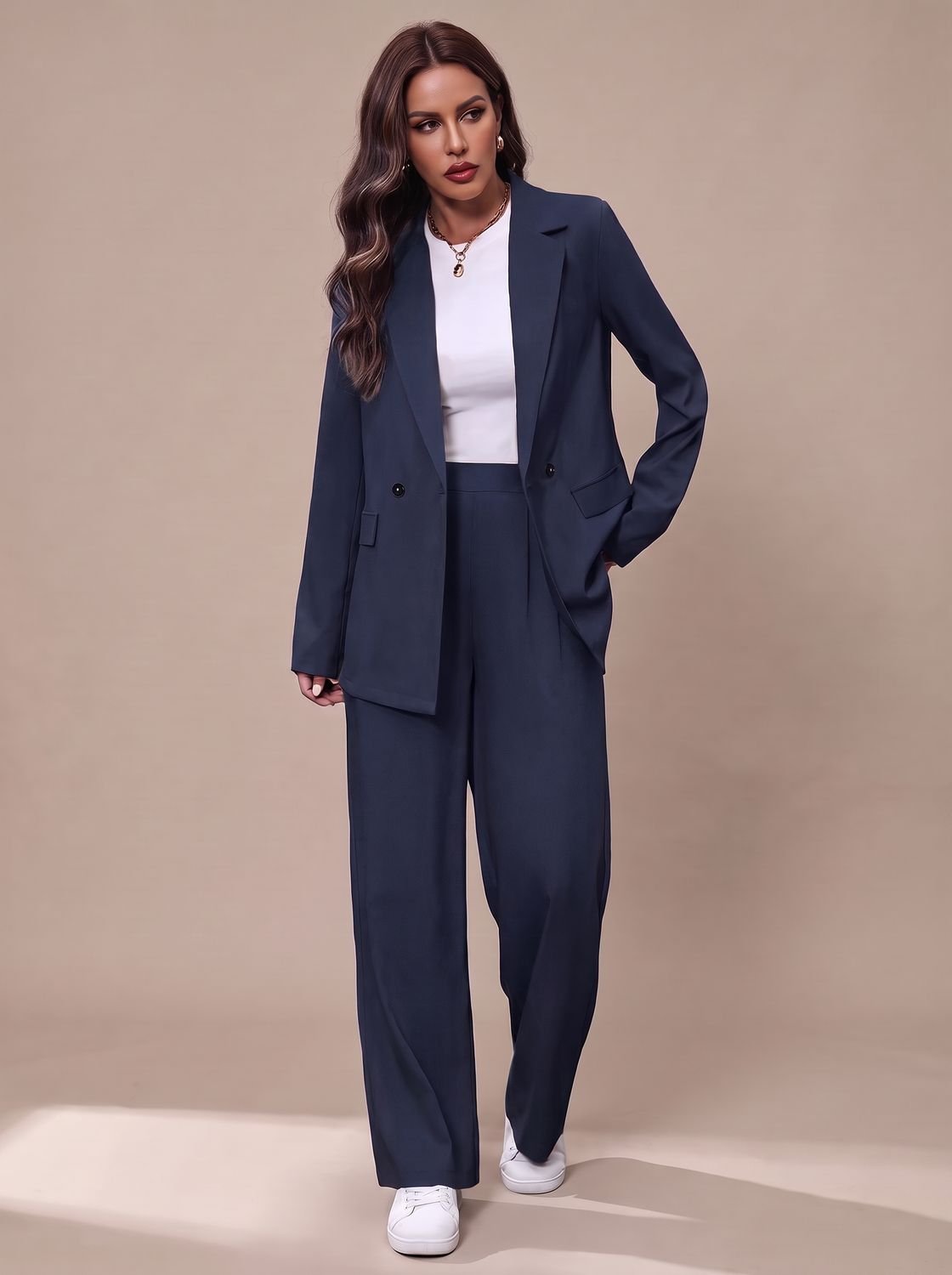 Women's Double-Breasted Tailored Wide-Leg Blazer and Pants Suit Set