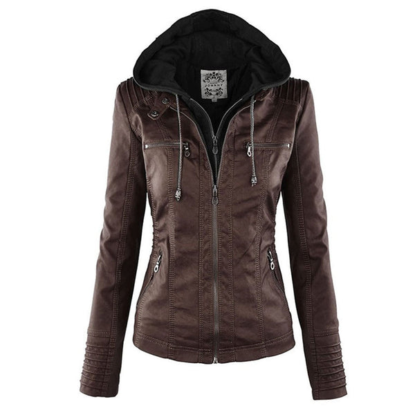 Women's Double-Lined Leather Jacket with Hood