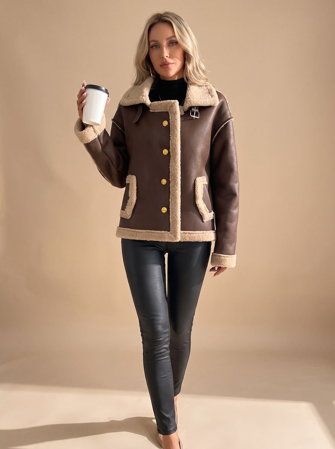 Women's Faux Leather Sherpa-Lined Button-Front Aviator Jacket