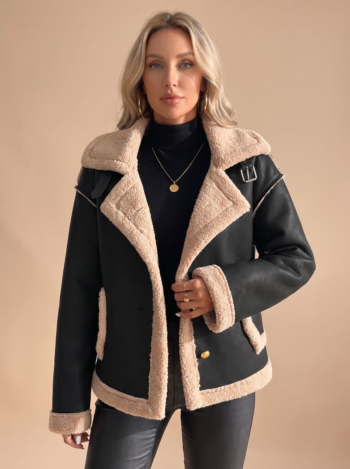 Women's Faux Leather Sherpa-Lined Button-Front Aviator Jacket