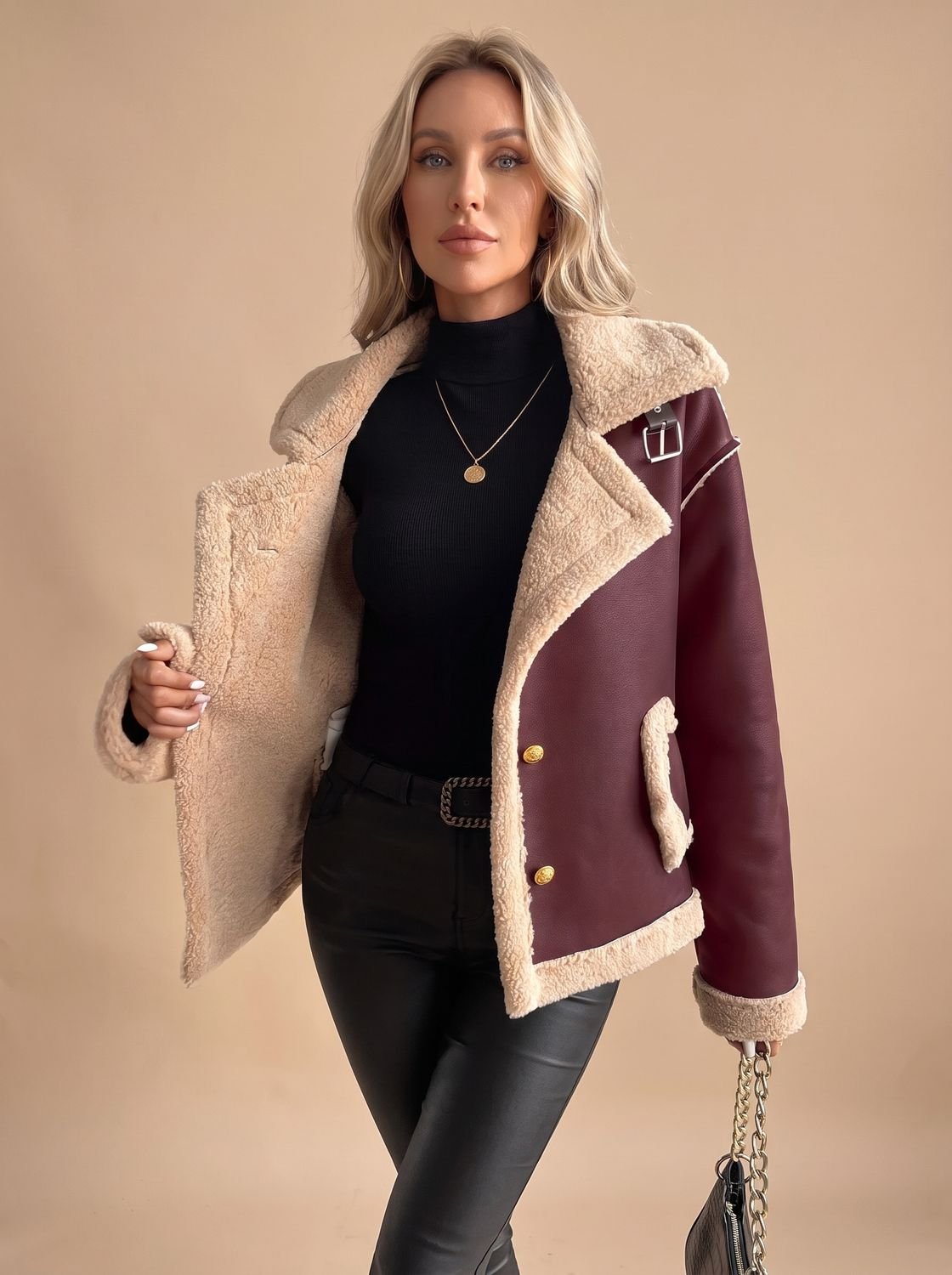 Women's Faux Leather Sherpa-Lined Button-Front Aviator Jacket