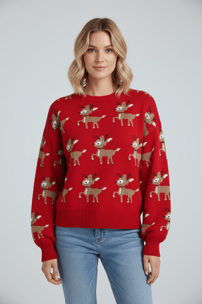 Women's Festive Reindeer Jacquard Knit Oversized Winter Sweater
