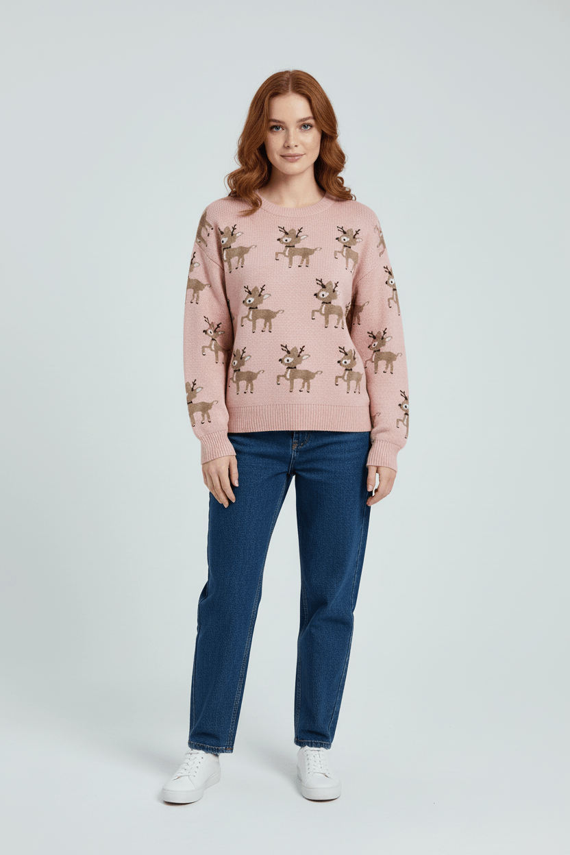 Women's Festive Reindeer Jacquard Knit Oversized Winter Sweater