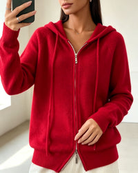 Women's Fine-Knit Zip-Up Hooded Cardigan with Ribbed Cuffs