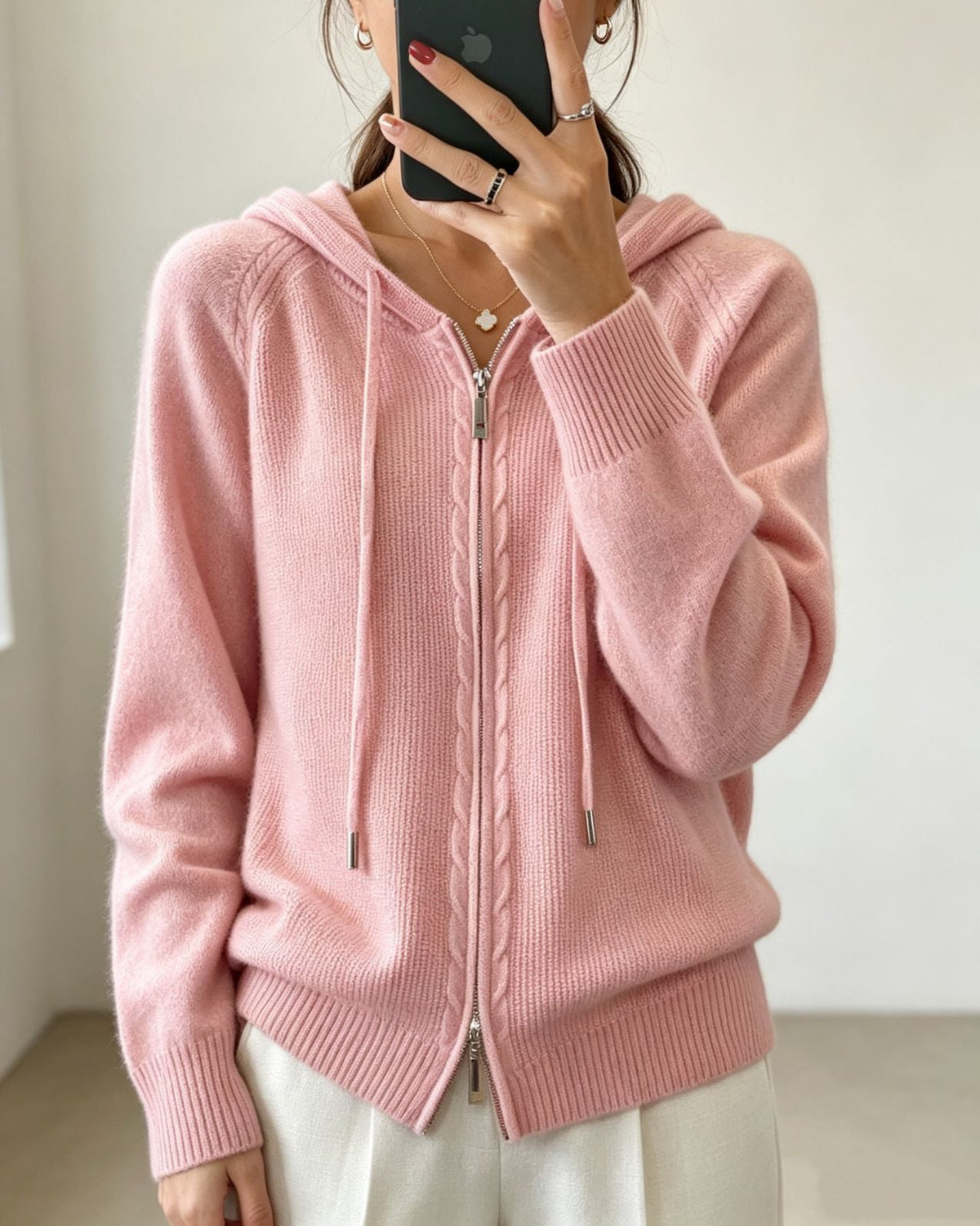 Women's Fine-Knit Zip-Up Hooded Cardigan with Ribbed Cuffs