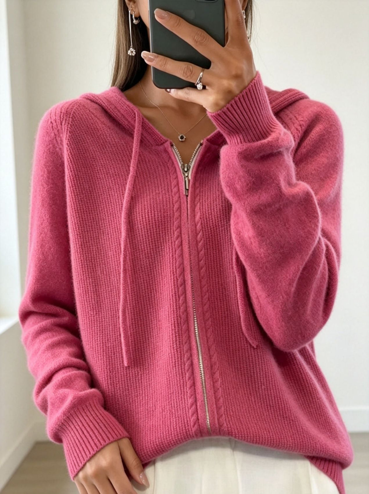 Women's Fine-Knit Zip-Up Hooded Cardigan with Ribbed Cuffs