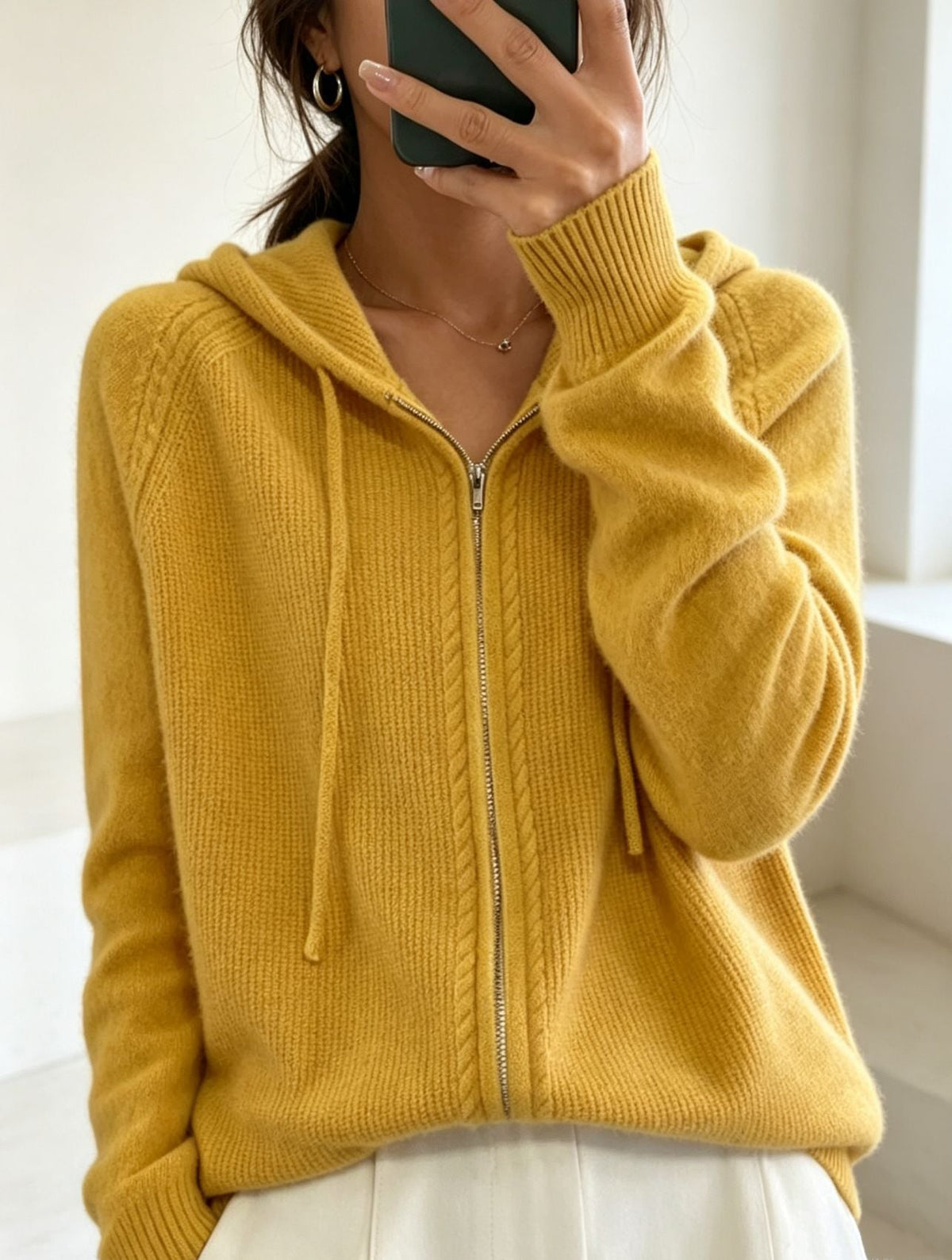 Women's Fine-Knit Zip-Up Hooded Cardigan with Ribbed Cuffs