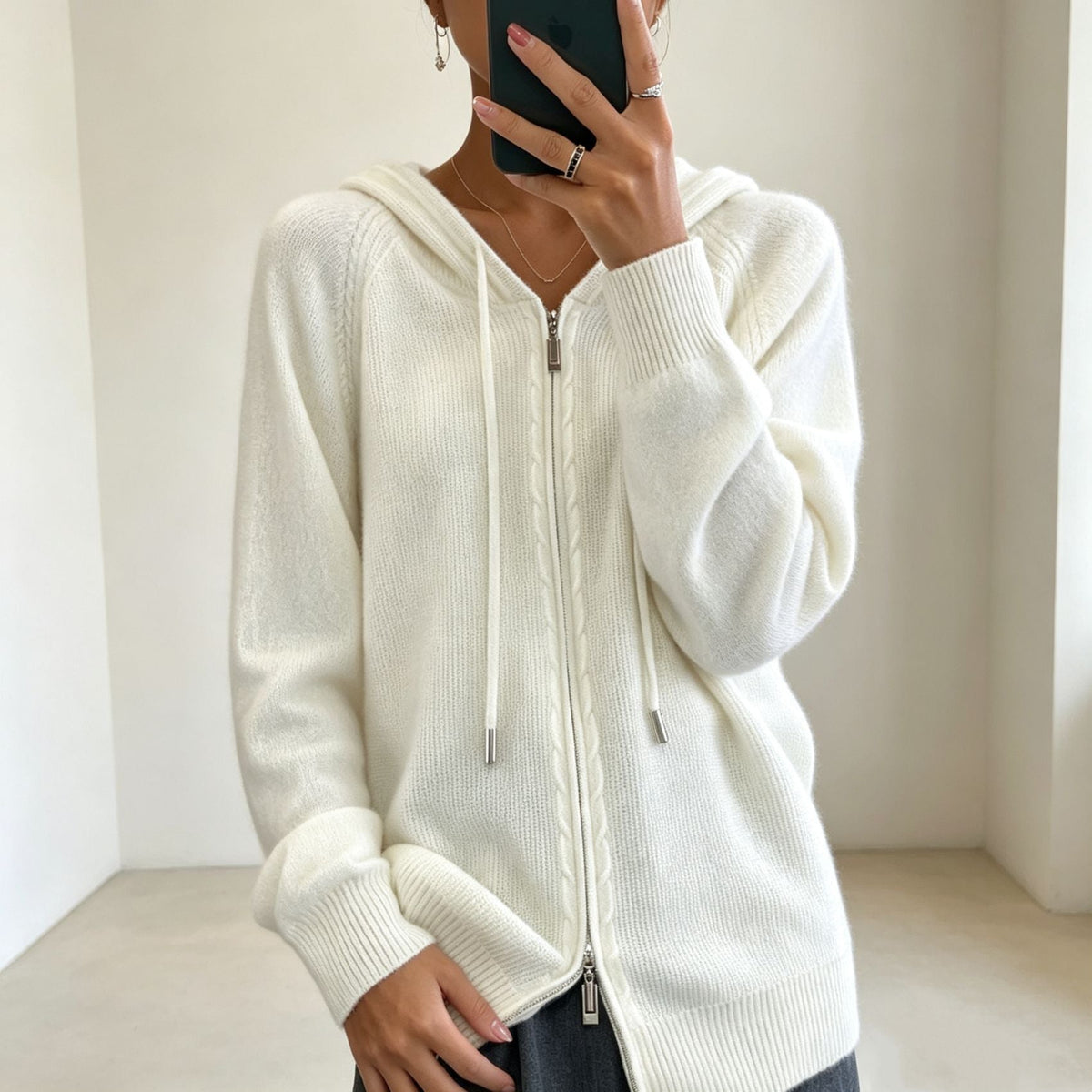 Women's Fine-Knit Zip-Up Hooded Cardigan with Ribbed Cuffs